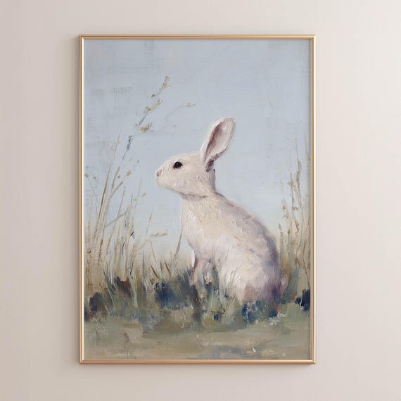 White Rabbit In Wildflower Meadow, Vintage Art Print