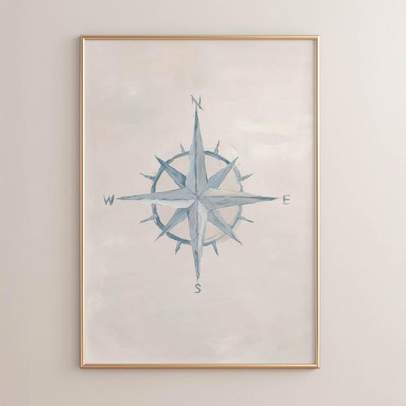 Printed Nautical Compass Rose Poster Vintage Farmhouse Coastal Wall Art Beachy Soft Watercolor In Bluegray Minimalist Style P242