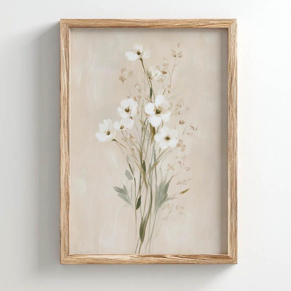White Wildflower Bouquet Soft Watercolor Neutral Botanical Poster