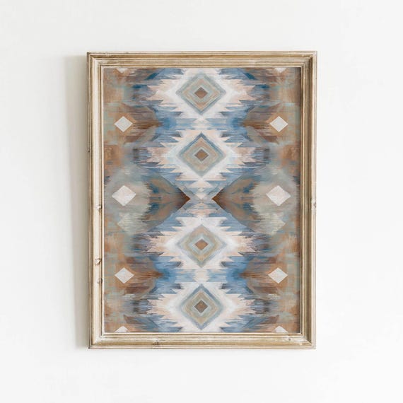 Soft Blue Ikat Diamond Medallion Printable Southwestern Geometric Wall Art Taupe Boho Pattern Decor Rustic Neutral Download 480
