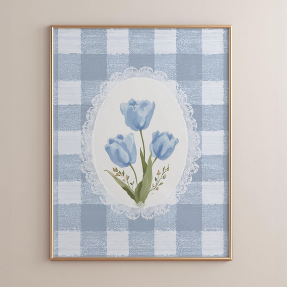 Blue Tulips Lace Oval Frame Gingham French Country Floral Art Poster