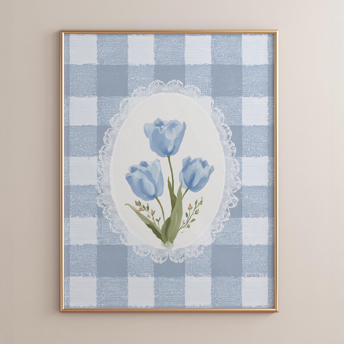Blue Tulips Lace Oval Frame Gingham French Country Floral Art Poster