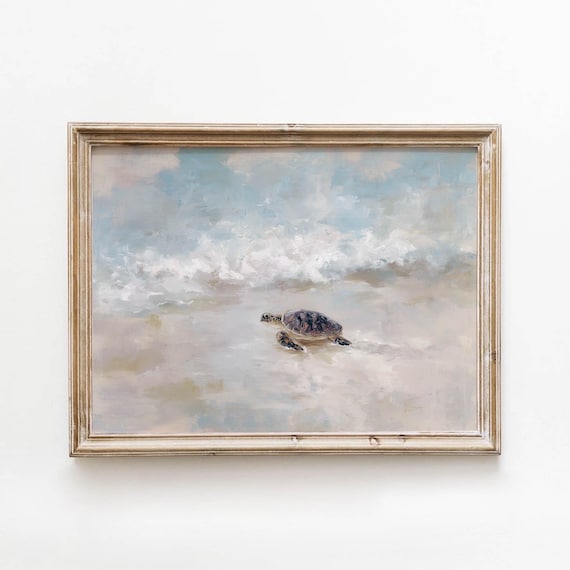 Sea Turtle On Sandy Shore Muted Vintage Ocean Beach Painting Poster