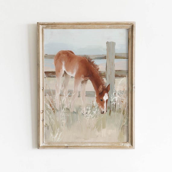 Muted Chestnut Foal Grazing Tall Grass Printable Rustic Fence Post Wall Art Vintage Horse Decor Neutral Farmhouse Painting Download 537