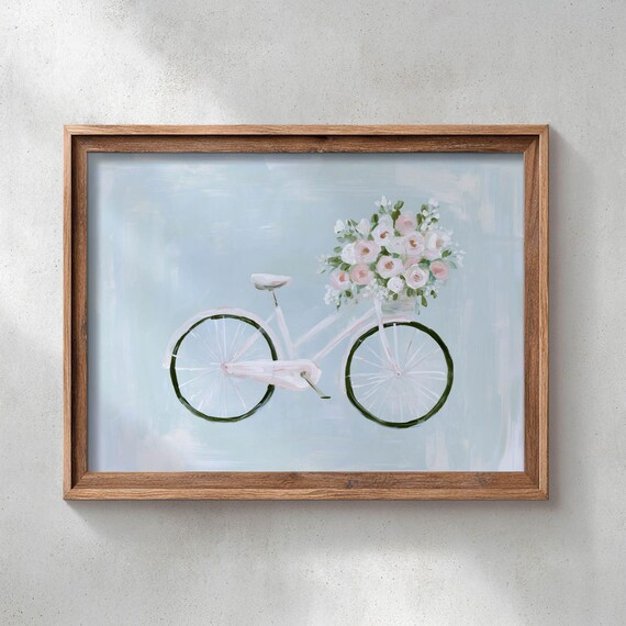 Printed Vintage Bicycle With Pink Roses Wall Art Romantic Cottage Farmhouse Decor Pastel Floral Painting Spring Summer Print 0697