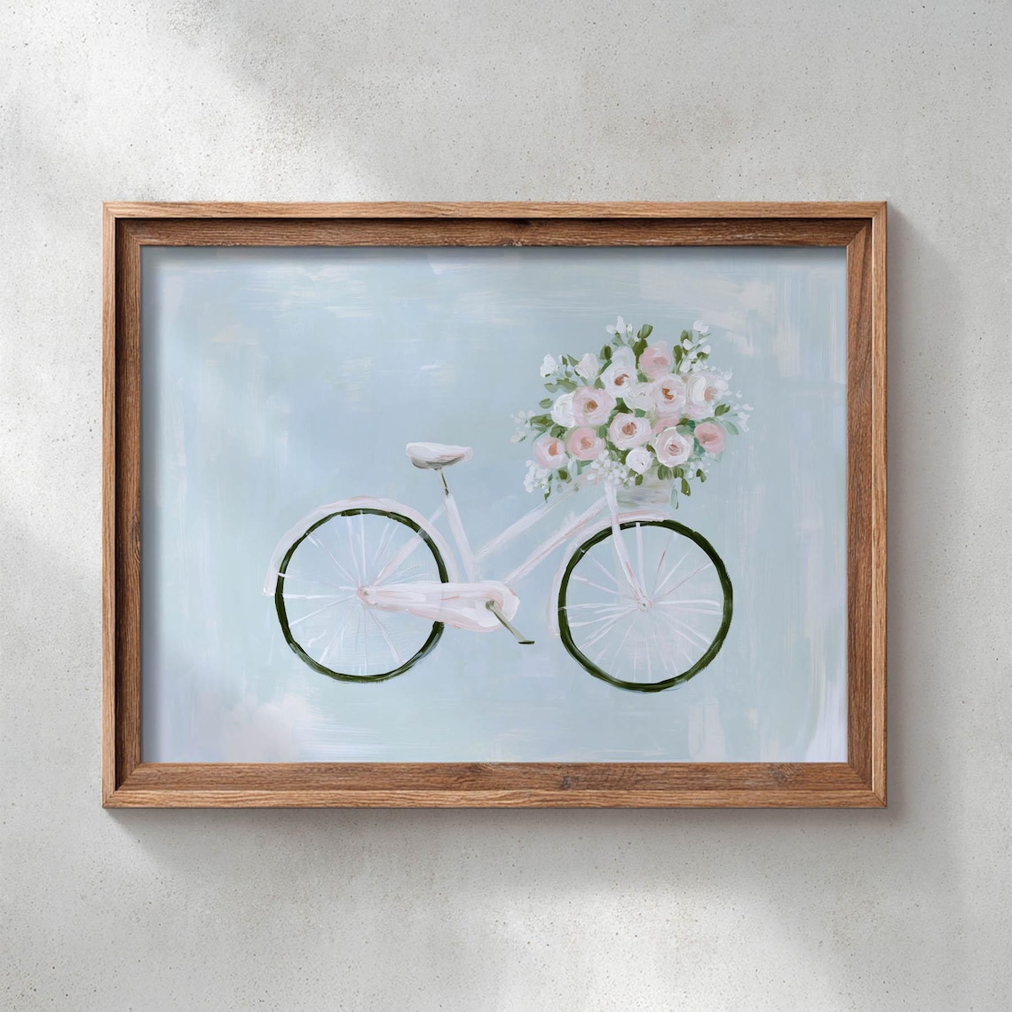 Vintage White Bicycle With Pink Rose Basket Soft Floral Art Print