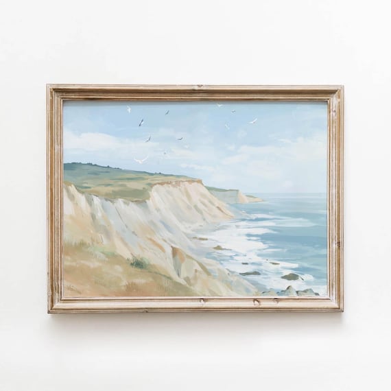 Coastal White Cliffs Printable Pale Blue Landscape Wall Art Vintage Seaside Decor Dreamy Feminine Bedroom Nostalgic Download 638