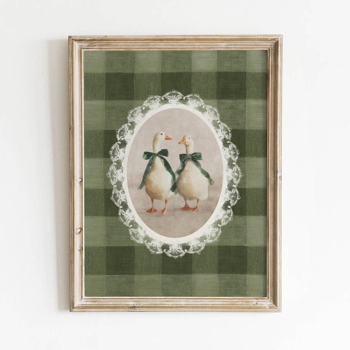 Green Coquette Goose Gingham Pattern Art Print