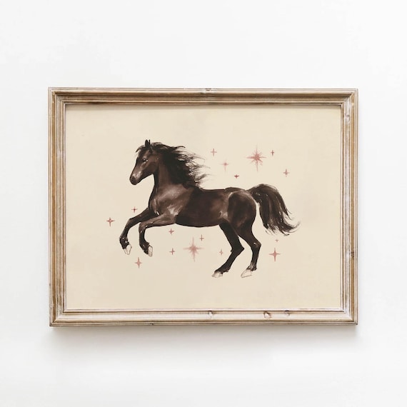 Dark Horse Leaping with Sparkles Magical Equestrian Nursery Poster