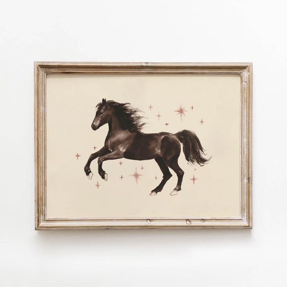 Printable Western Horse Wall Art Dark Brown Vintage Equestrian Decor Pink Star Romantic Girl Room Print Cream Dreamy Download 402