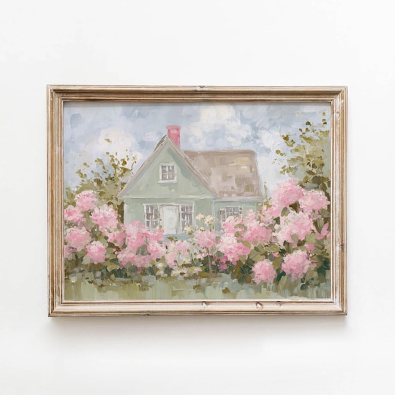 Pastel Green Cottage Pink Hydrangea Floral Garden Art Poster