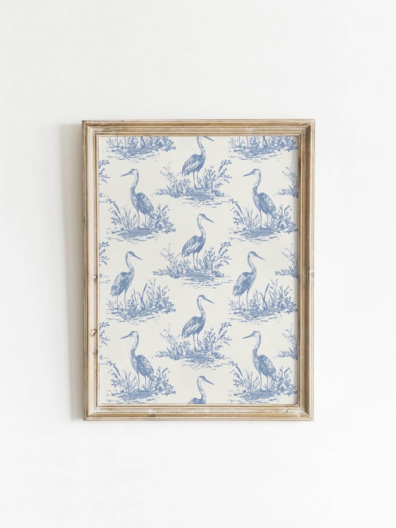 Blue Herons Vintage Toile Coastal Farmhouse Sketch Art Poster