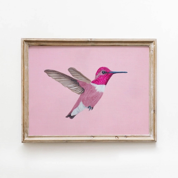 Pink Hummingbird In Flight On A Soft Pink Background Pastel Nursery Poster