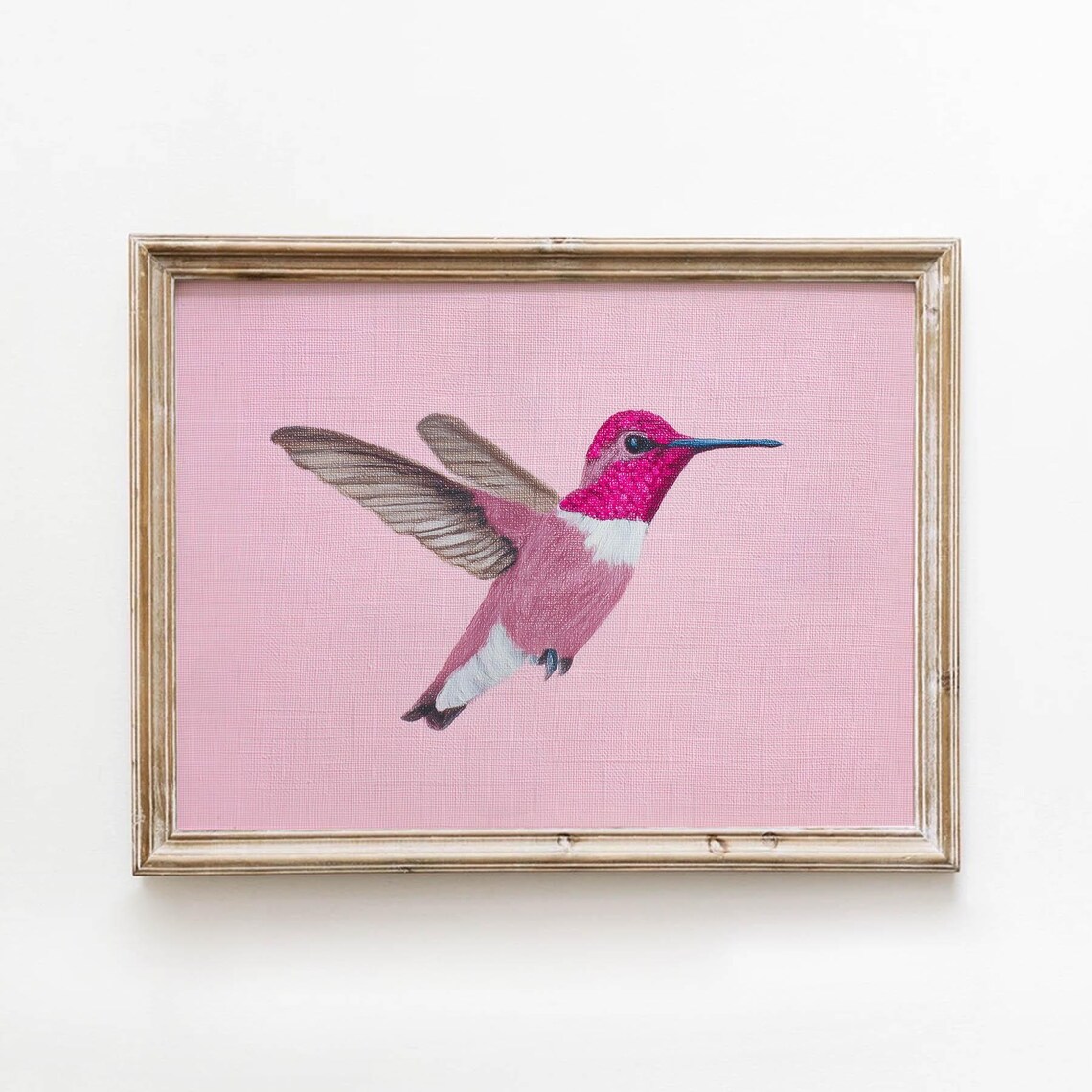 Pink Hummingbird In Flight On A Soft Pink Background Pastel Nursery Poster