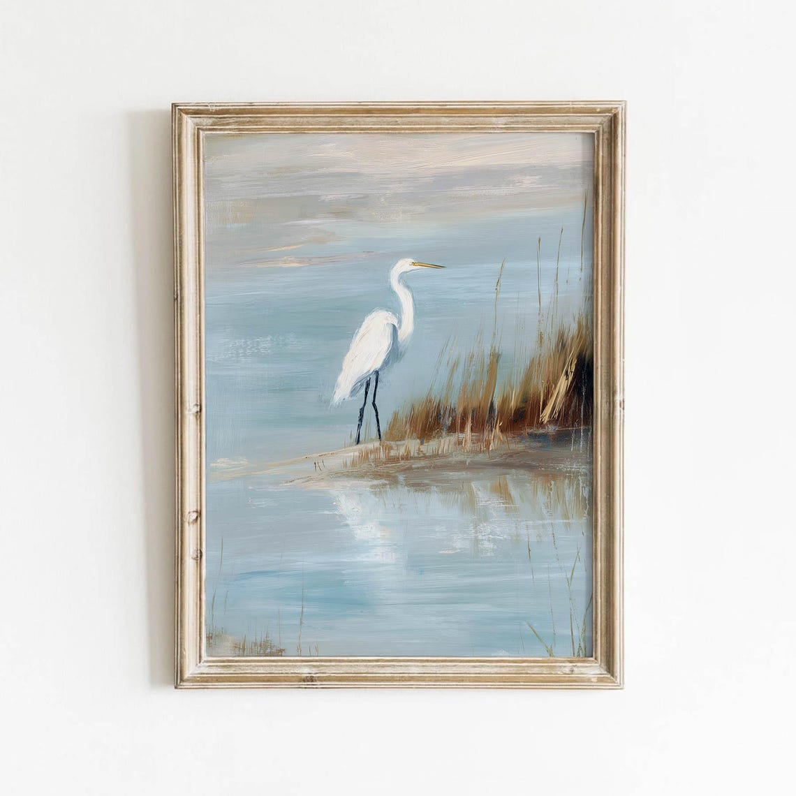 White Egret on a Marsh Bank Soft Blue Gray Vintage Coastal Wall Art