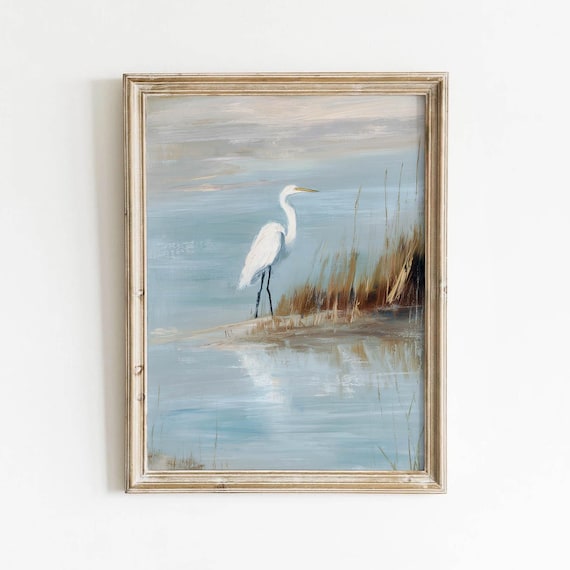 White Egret on a Marsh Bank Soft Blue Gray Vintage Coastal Wall Art