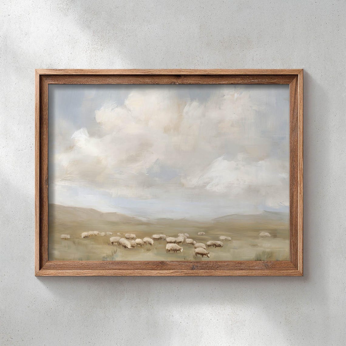 Sheep Grazing Under A Big Cloudy Sky Muted Vintage Landscape Poster