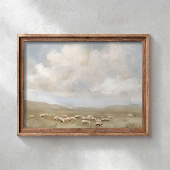 Sheep Grazing Meadow Landscape Poster Print Rustic Countryside Scene Muted Tan Beige Colors Vintage Country Wall Art Neutral Decor 0554