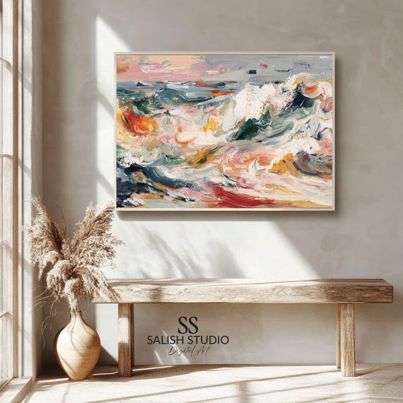 Moody Coastal Seascape Painting Abstract Wave Art