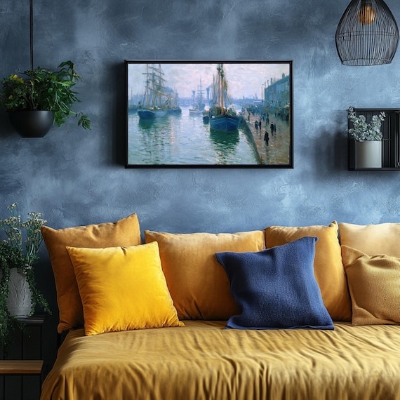 Tall Sailing Ships Busy Harbor Impressionist Water Reflection Art Poster