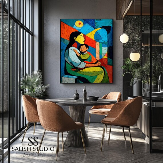 Abstract Mother and Child Portrait Poster in Warm Cubist Colors