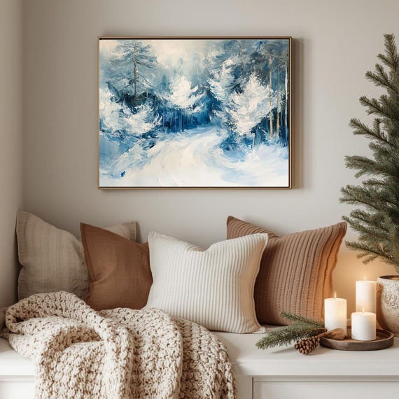 Winter Landscape Snowy Pine Forest Painting Moody Path Art Rustic Natureinspired Wall Decor Cozy 450