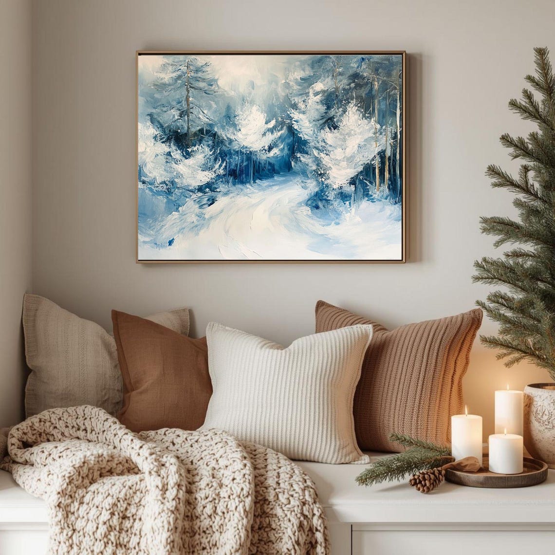 Snowy Blue Forest Winter Path Impressionist Painting Art Poster