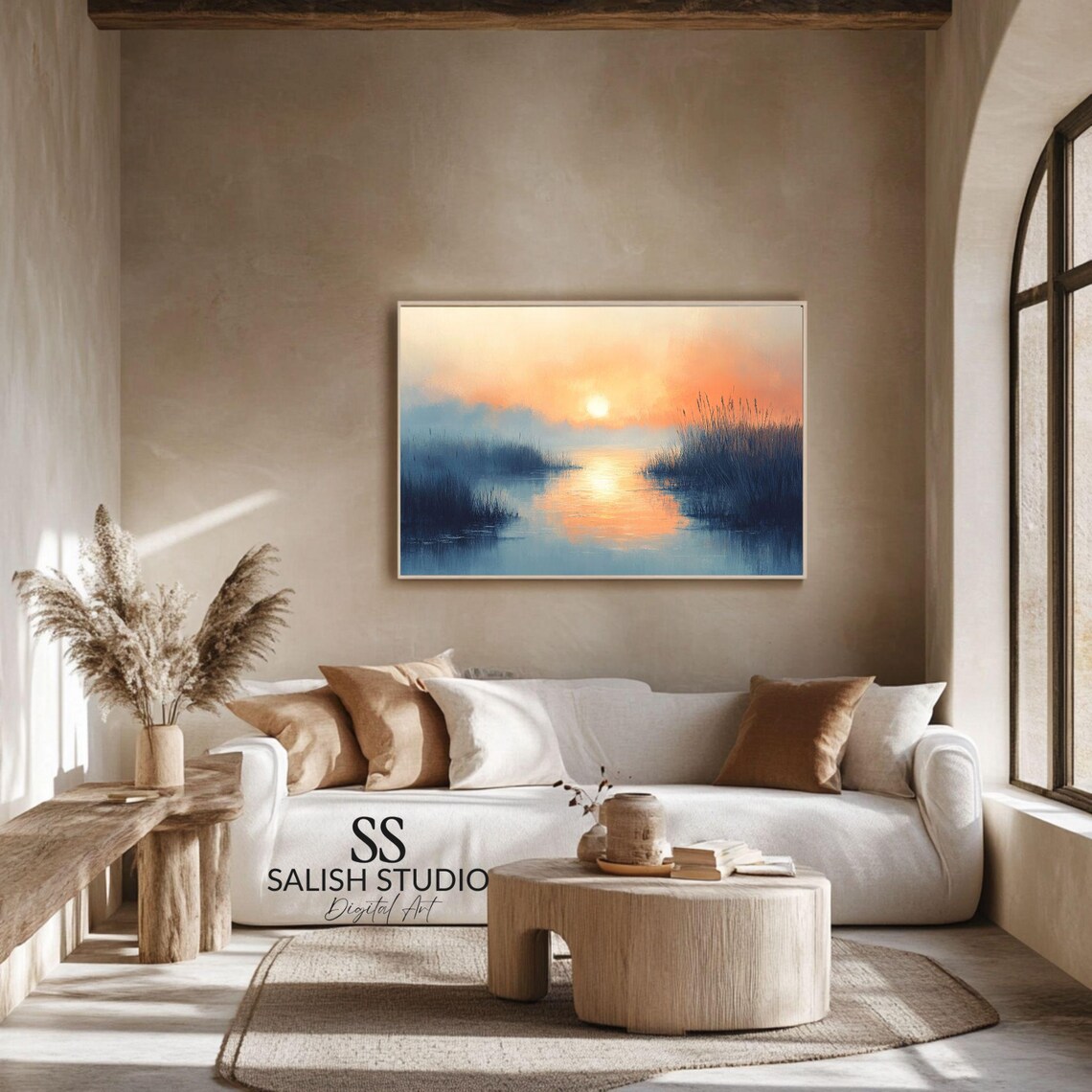 Misty Marsh Sunrise Soft Peach Blue Serene Water Painting Poster