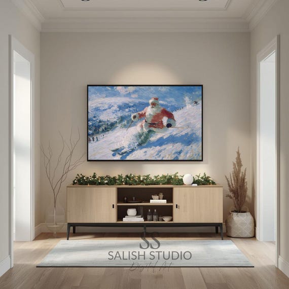 Vintage Skiing Santa Claus on Snowy Mountain Christmas Poster