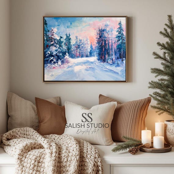 Winter Forest Path In Snow Serene Landscape Art Moody Evergreen Painting Cozy Snowy Scene Wall 449