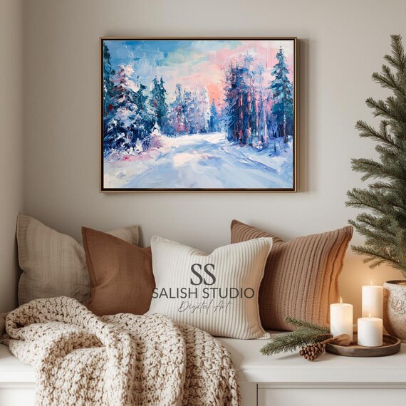 Winter Forest Path In Snow Serene Landscape Painting Moody Evergreen Trees Print