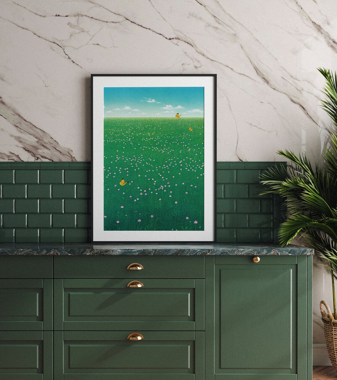 Green Wildflower Meadow Butterflies Summer Sky Minimal Art Poster - Image 3