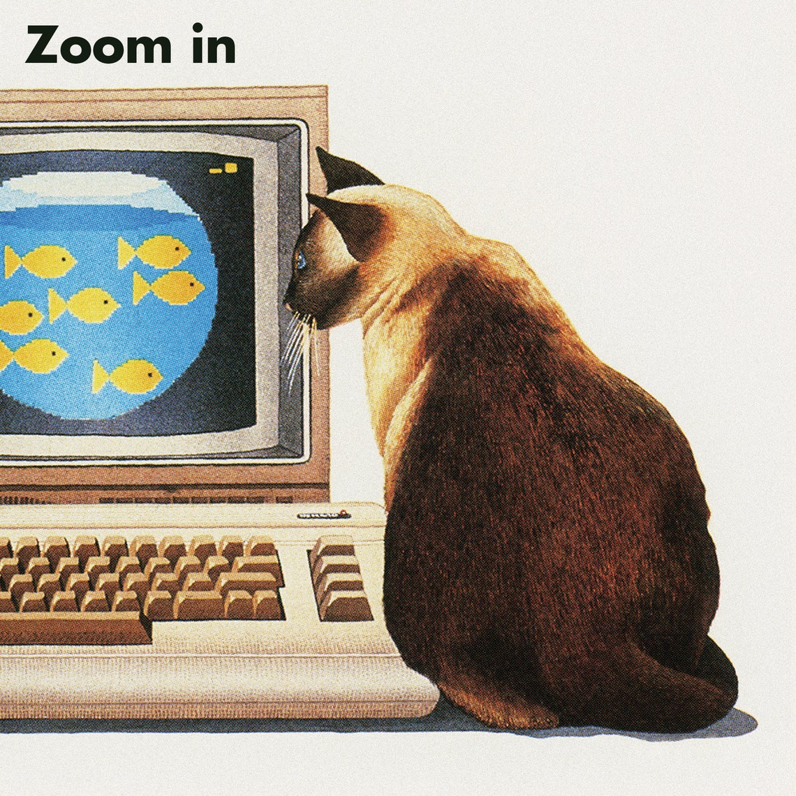 Siamese Cat Watching Goldfish on Vintage Computer Screen Poster - Image 2