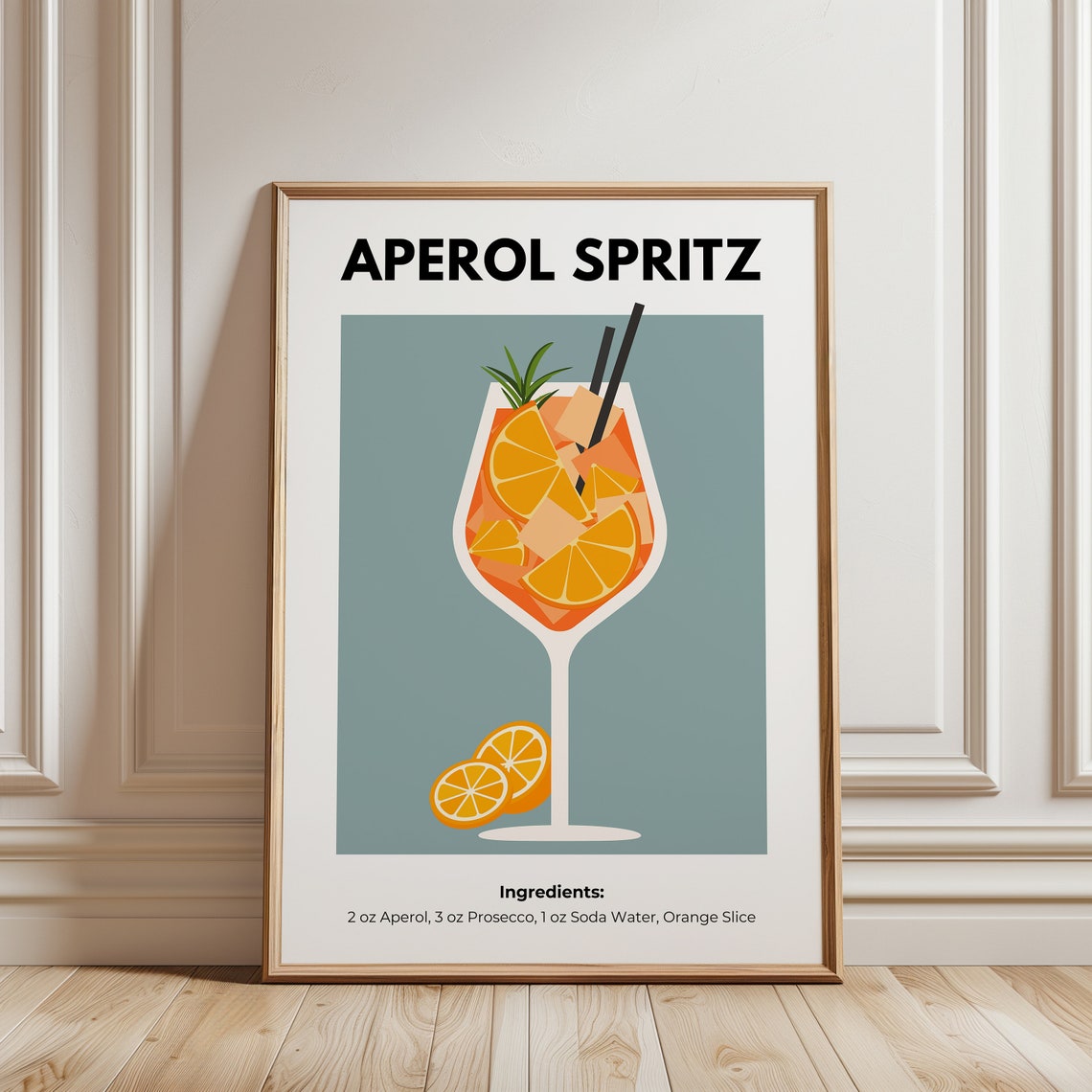 Aperol Spritz Cocktail Illustration Blue Bar Cart Recipe Poster - Image 6