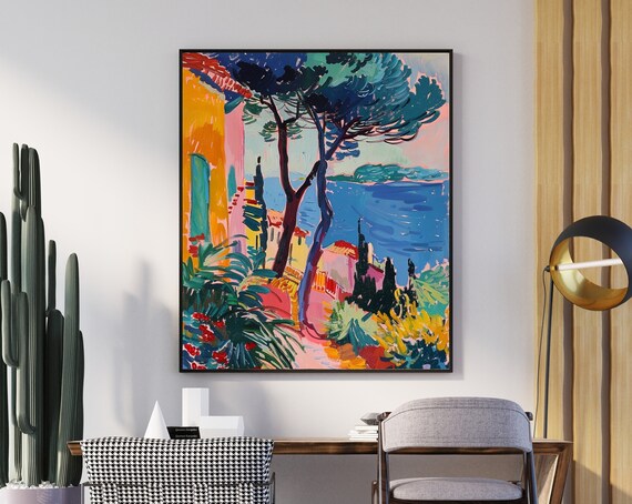 Colorful Coastal Town with Tall Pine Trees by the Blue Sea Poster