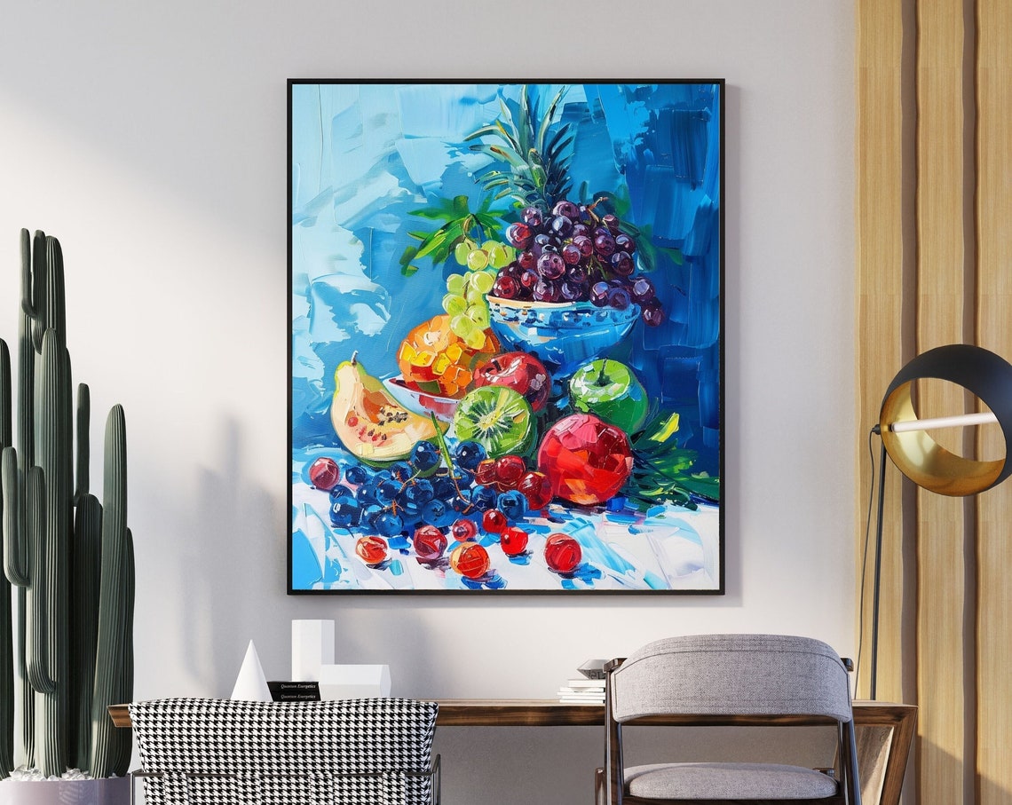 Overflowing Colorful Fruit Still Life Bowl on Blue Background Poster