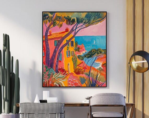 Vivid Sunset Coastal House with Pine Trees Overlooking Sea Poster