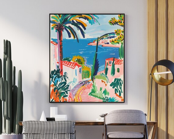 Bright Coastal Town Bay with Palm Trees Matisse Inspired Poster