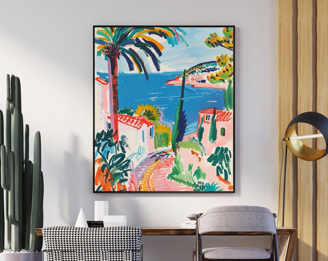 Bright Coastal Town Bay with Palm Trees Matisse Inspired Poster