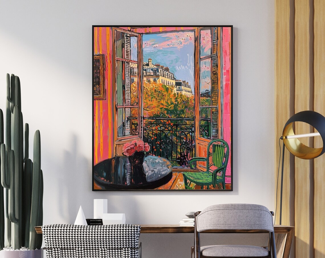 Paris Balcony Window View Poster With Roses In Fauvist Colors