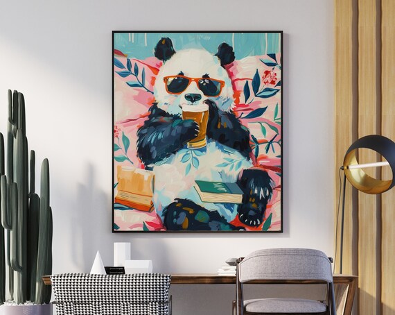 Funny Cool Panda in Sunglasses Drinking Beer Poster for Bar Decor