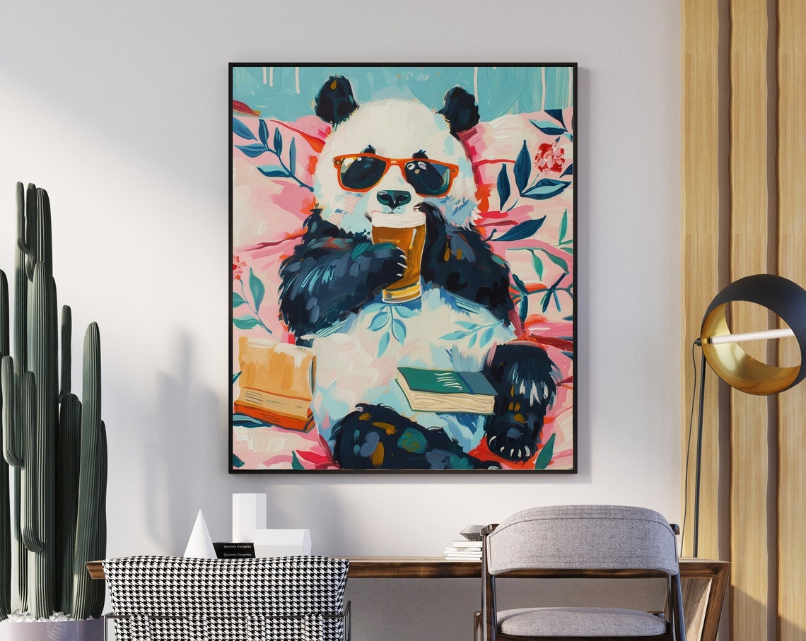 Funny Cool Panda in Sunglasses Drinking Beer Poster for Bar Decor