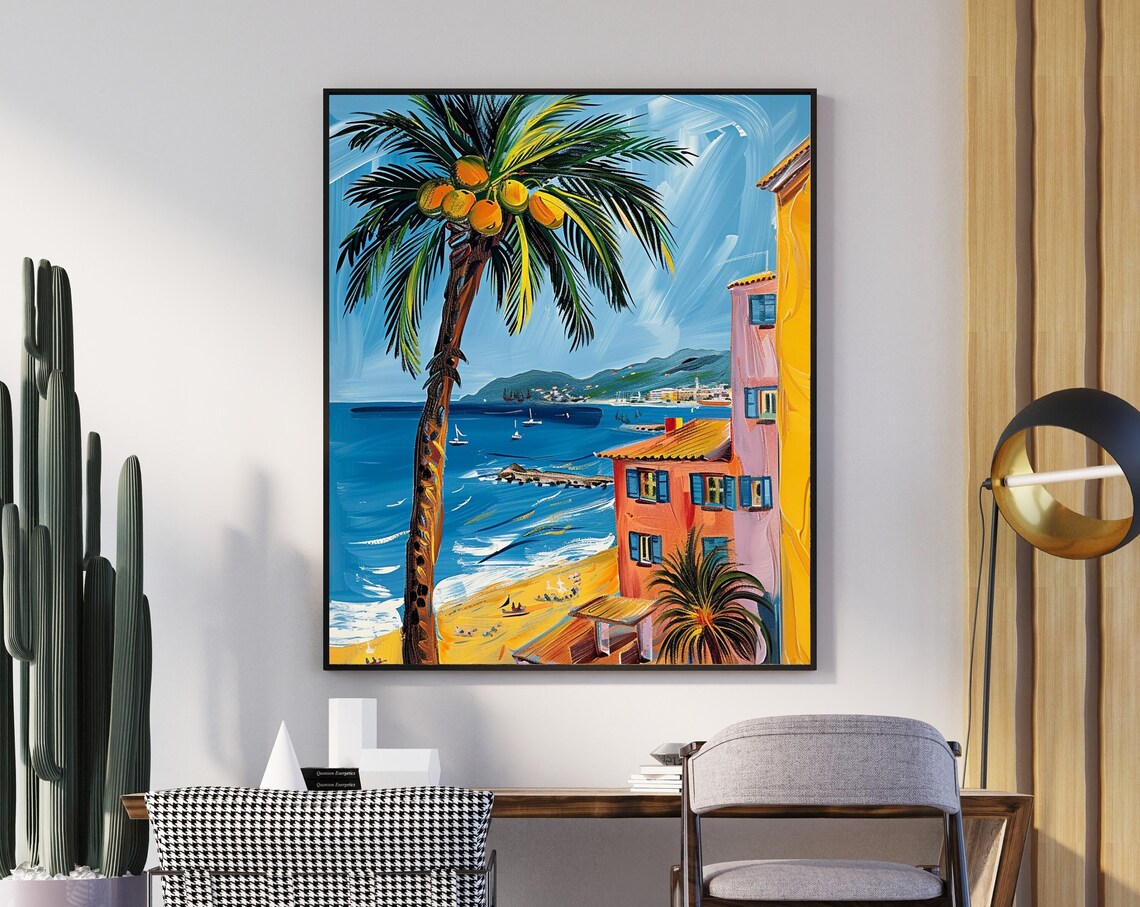 Tall Palm Tree Overlooking a Colorful Beach and Sailboats Poster