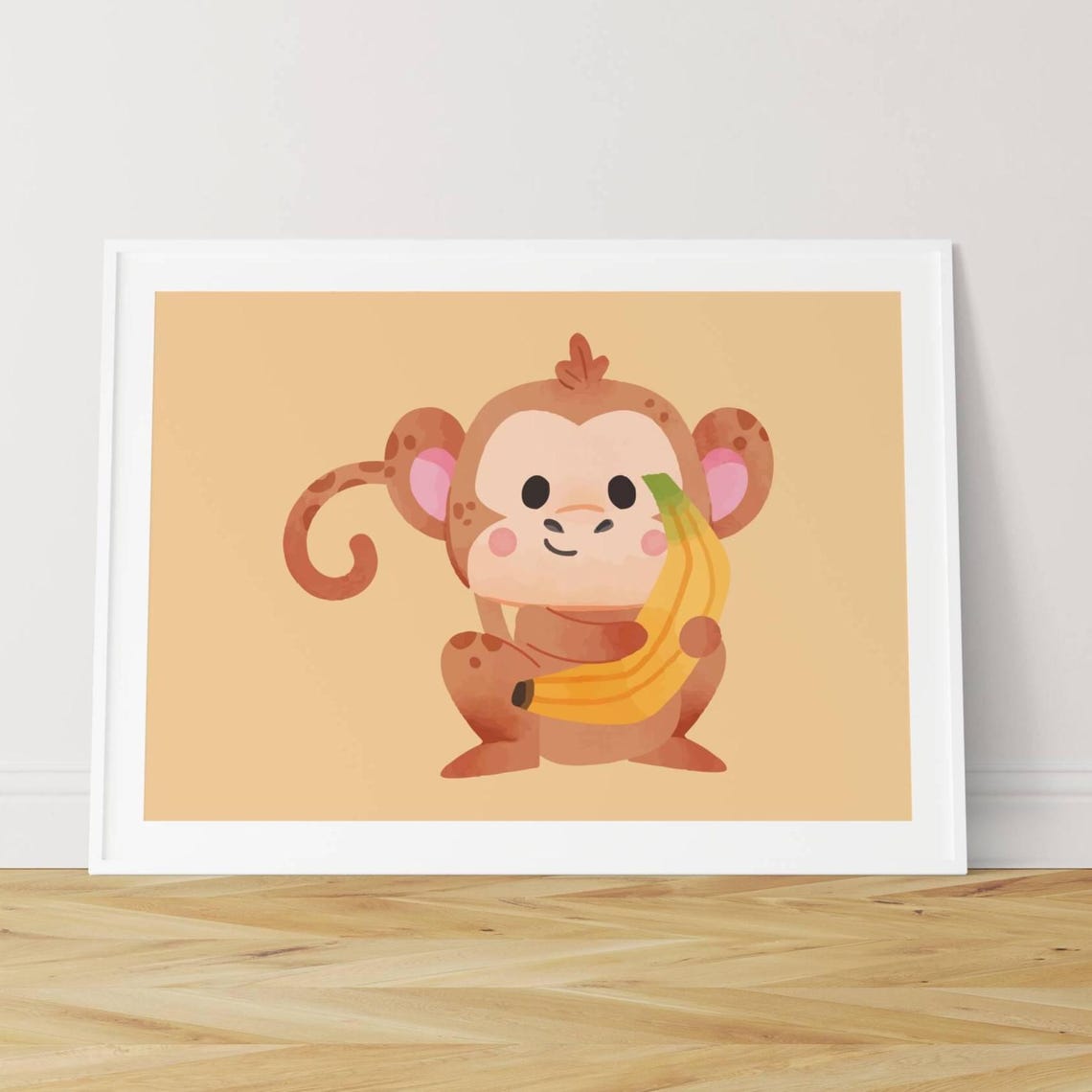 Cute Baby Monkey Holding Banana Nursery Kids Room Decor Art Print