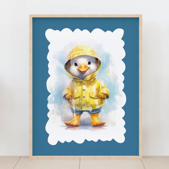 Cute Duck In Raincoat Print Rainy Day Nursery Decor Watercolor Animal Art For Cheerful Kids Room Decoration