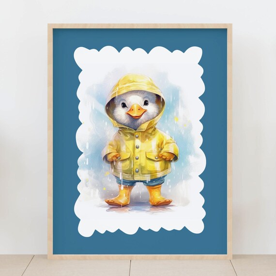 Cute Duckling In Yellow Raincoat Blue Rainy Day Nursery Poster