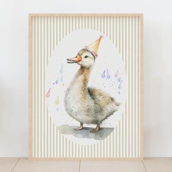 Watercolor Duckling Wall Art Sage Green Farm Animal Nursery Striped Rustic Baby Shower Gift Country Cottage Kids Room