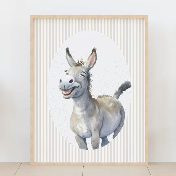 Kids Room Donkey Nursery Wall Art Farm Animal Decor Neutral Gender Baby Poster Whimsical Prints