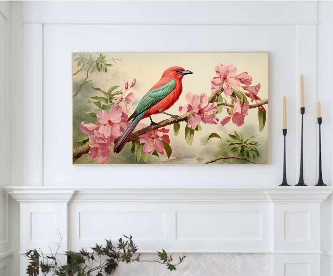 Red Songbird Pink Blossom Branch Vintage Naturalist Bird Art Poster - Image 2