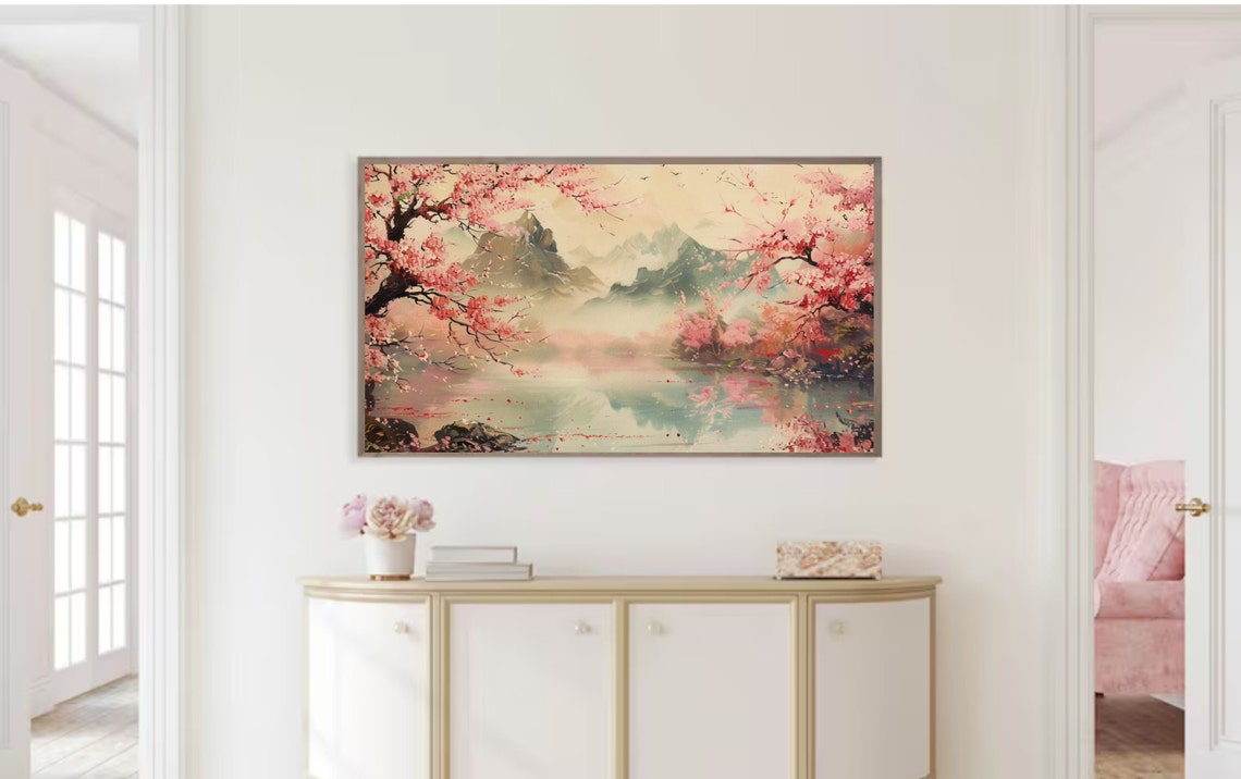 Cherry Blossoms Misty Lake Mountain Reflections Spring Art Poster - Image 2